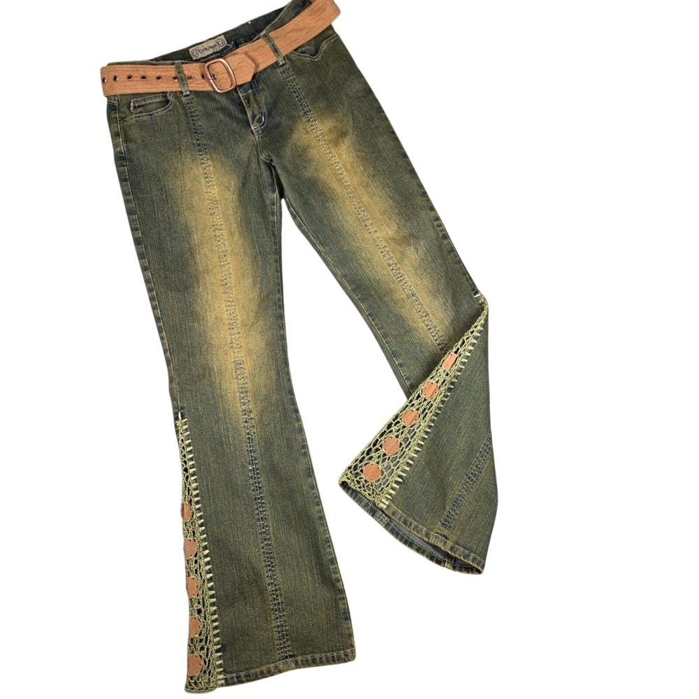 Vintage Crest Crochet Jeans Flare Dirty Wash Belt Knit Side Y2K Festival 13 / 14